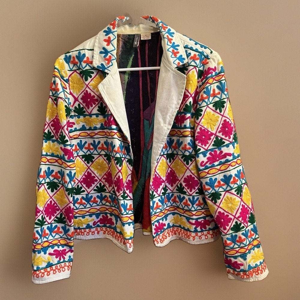 Vintage Anu Natural Colorful Open Front Embroidered Cotton Jacket Women Small